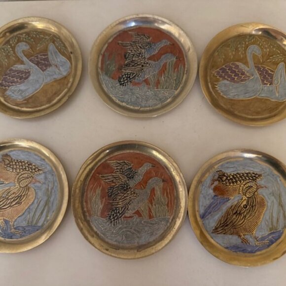 Vintage Metal coasters Birds Flowers Cloisonné Enameled Brass - Picture 2 of 6